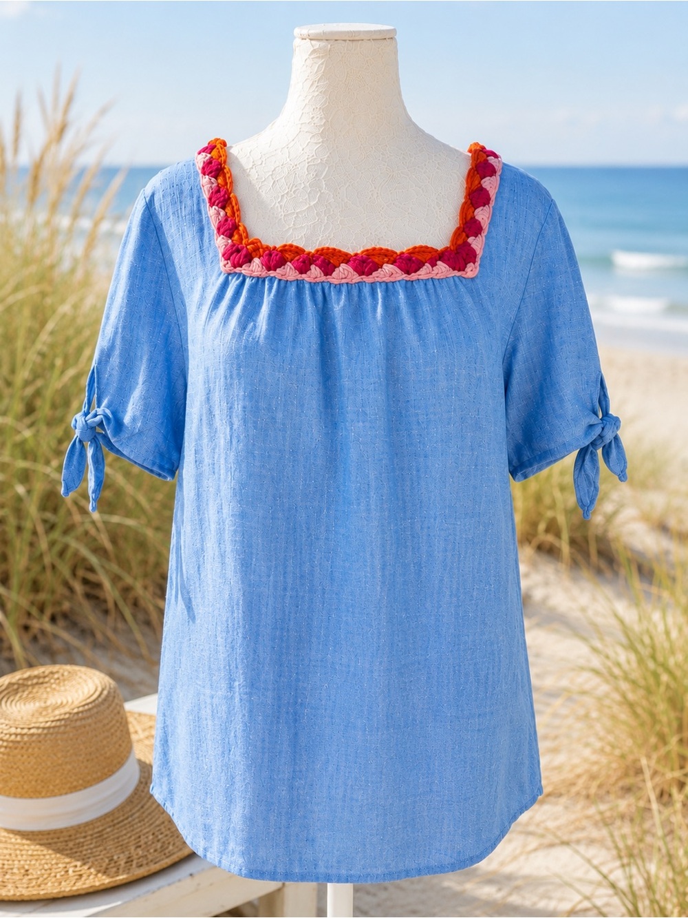 Talbots Linen Blend Top Crochet Square Neck Boho Coastal Blouse M